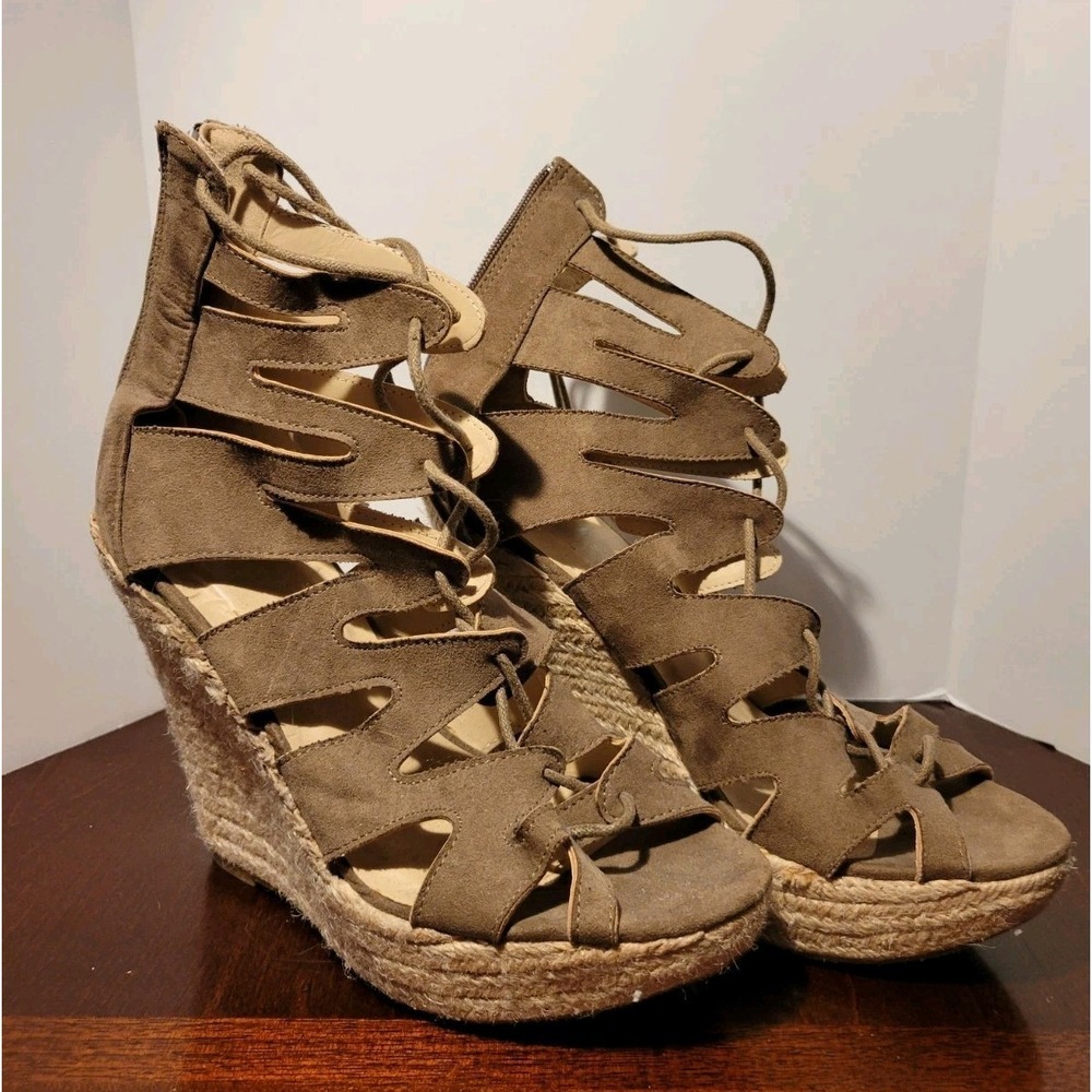 Rue 21 Etc Zip Up Back Lace Up Gladiator Wedge Espadrilles Brown New Sz 7/8